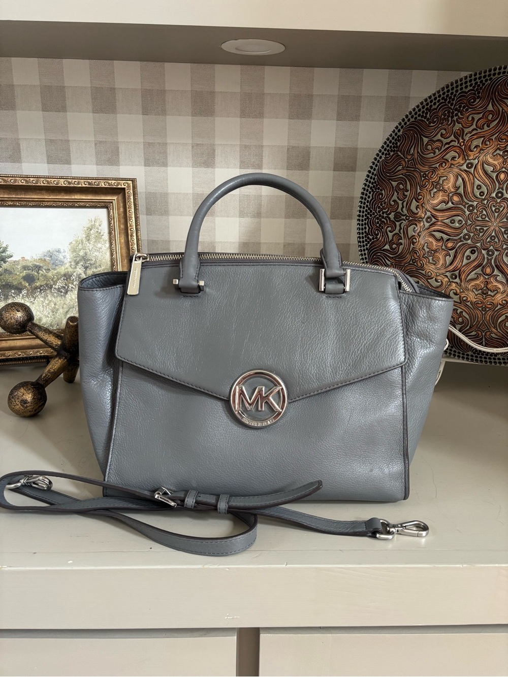 Michael Kors Gray Leather Satchel Crossbody Bag Silver Logo & Detachable Strap